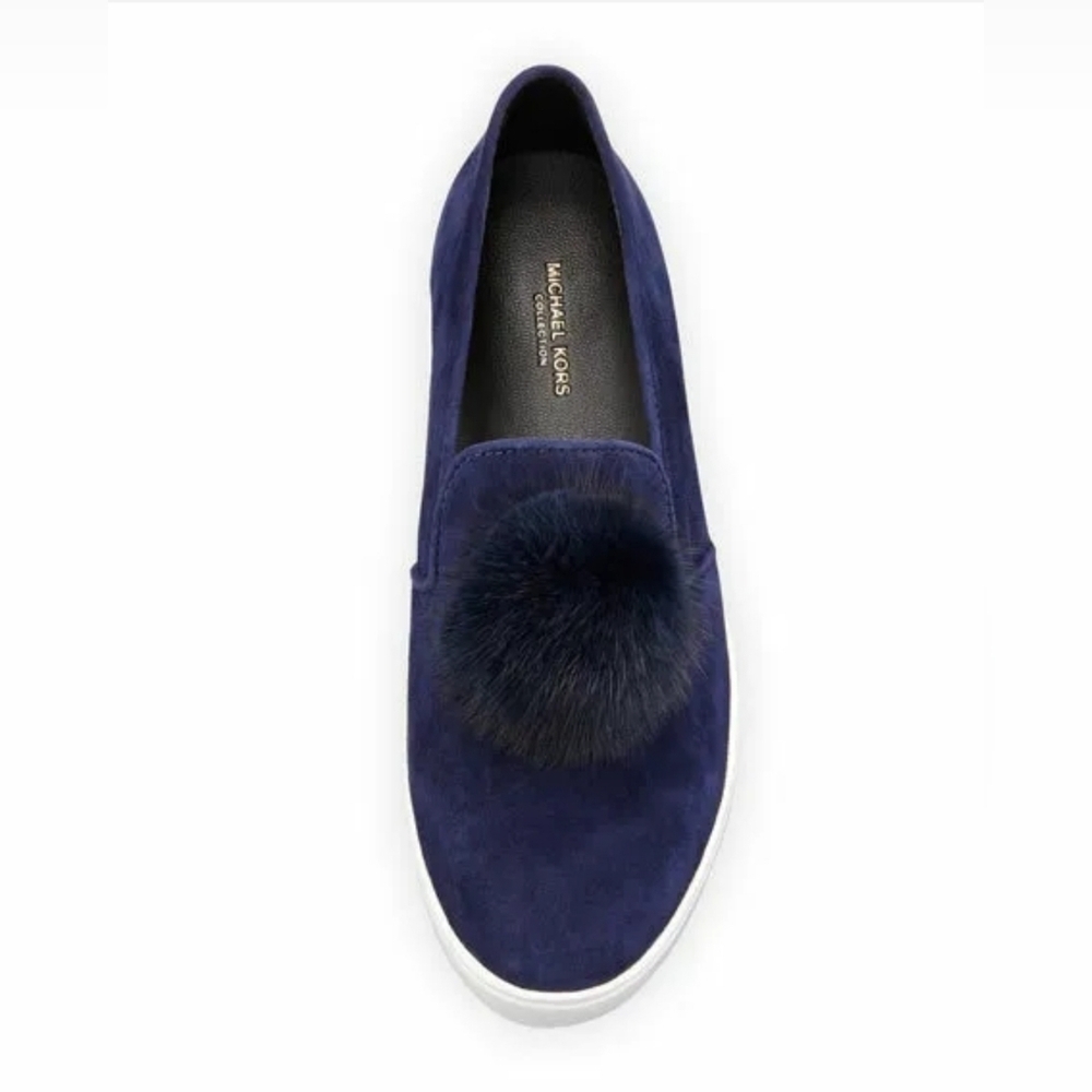 Michael Kors Collection Eddy Pom-Pom Suede Slip-On Sneakers Navy Size 6.5 US